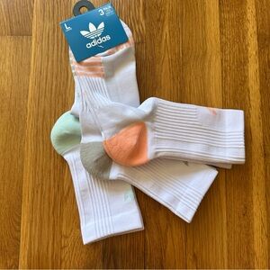 Adidas Women’s 3-Pair High Quarter Socks Moisture Wicking White Pink Aqua Size L